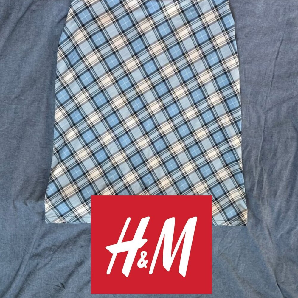 VINTAGE: Hennes H&M XL Blue Black Cream Plaid Pencil Skirt
